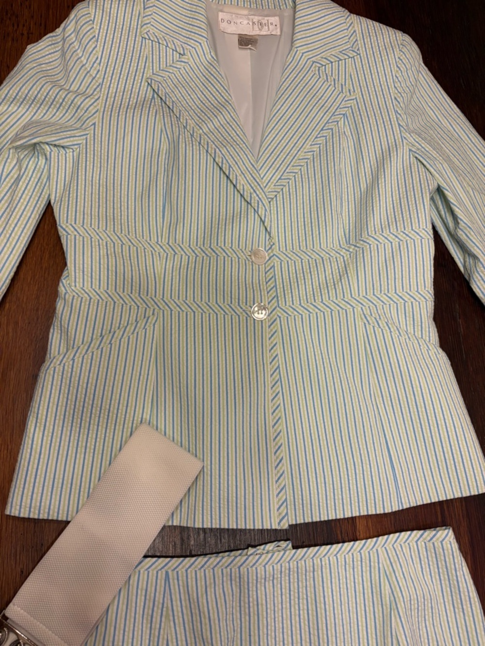 Doncaster Light Blue & Light Green Striped Two-Piece Blazer Set Size 10
